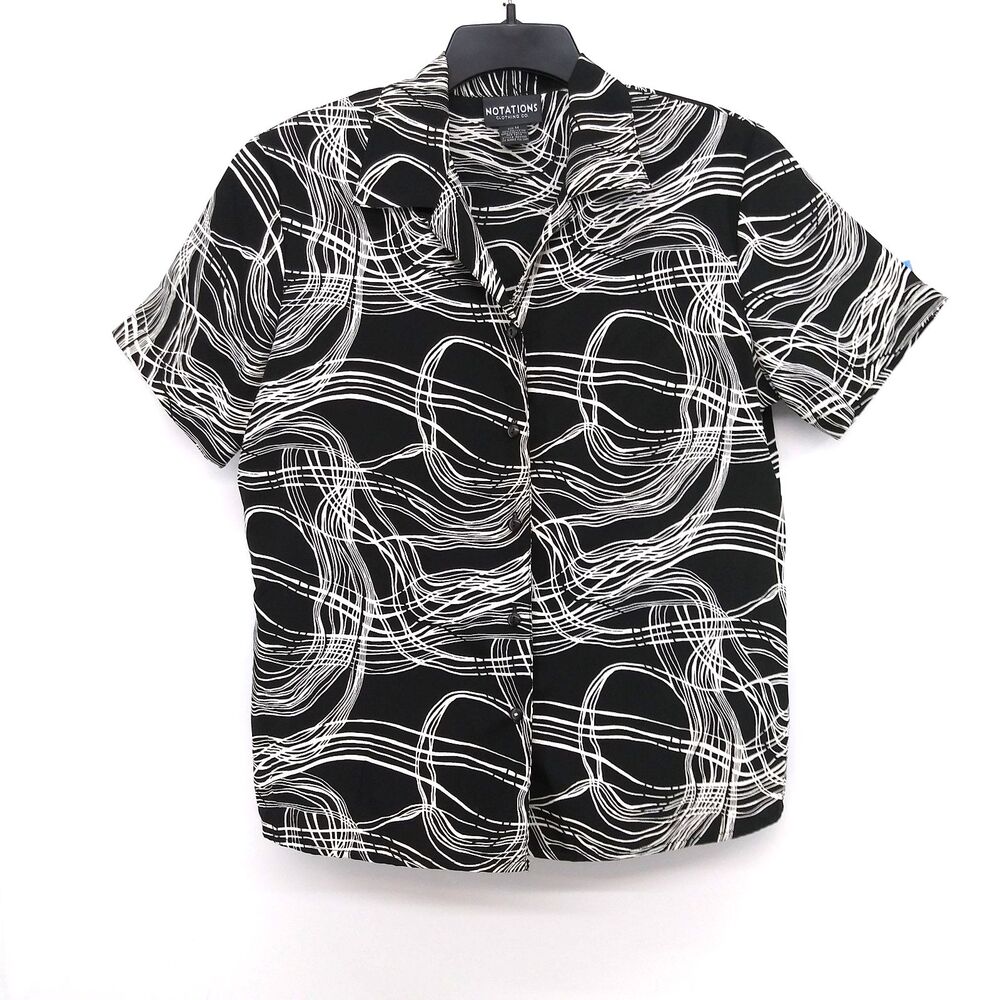 Notations Shirt Womens Medium Black White Abstract Short Sleeve Button Up Top
